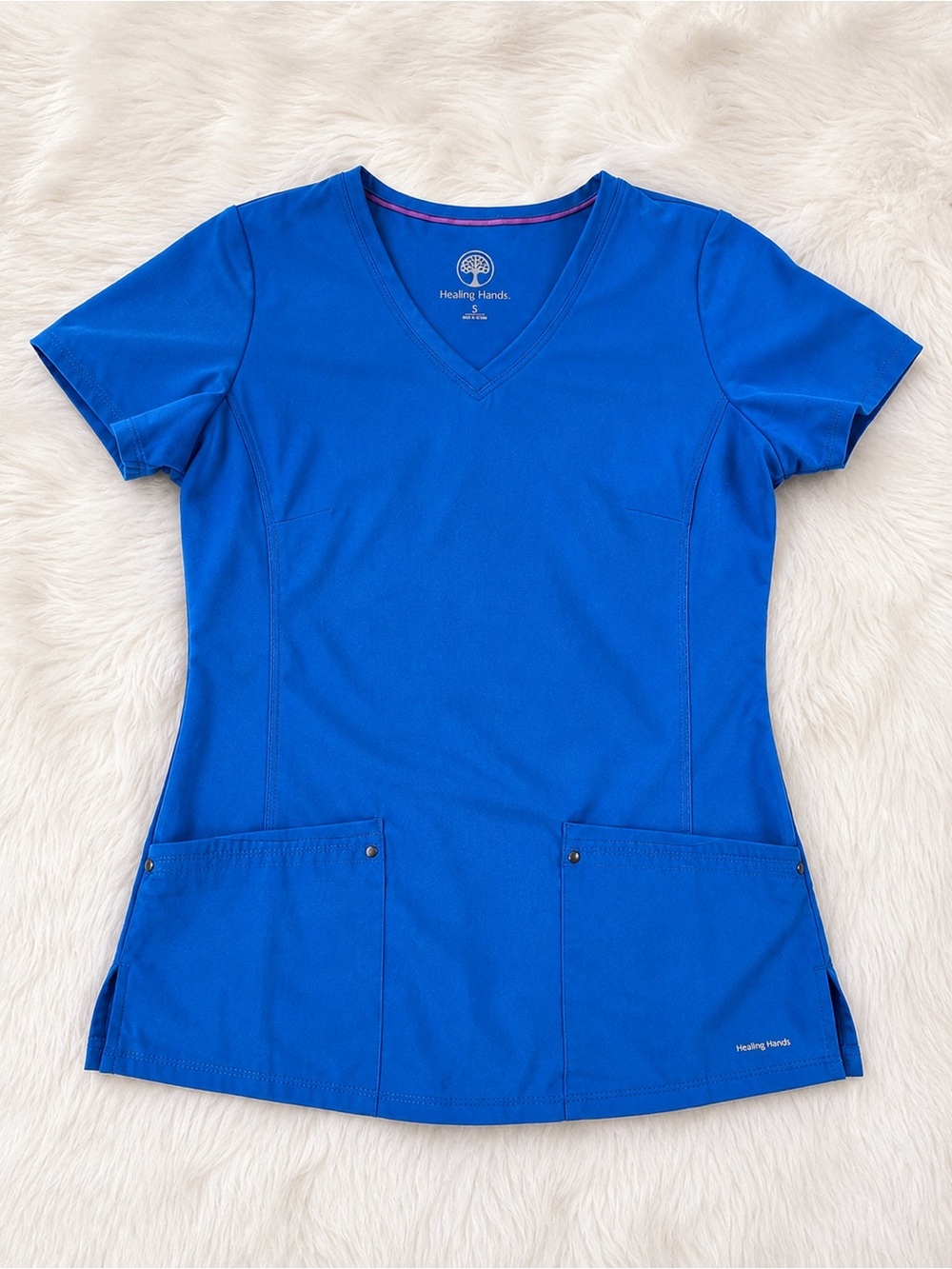 Healing Hands Purple Label V-Neck Scrub Top Royal Blue 2-Way Stretch 2 Pocket S
